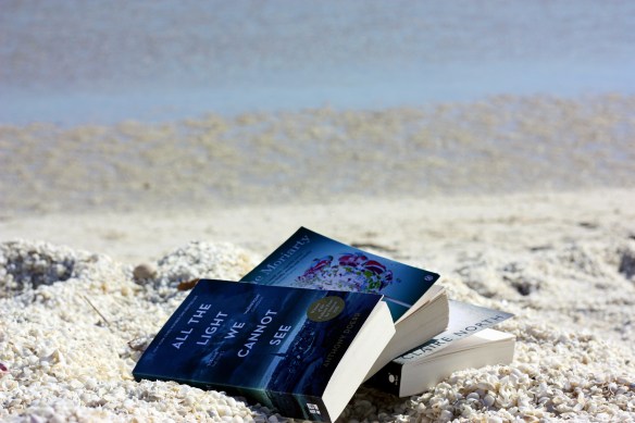 fiction pile on Shell Beach, by @debsnet